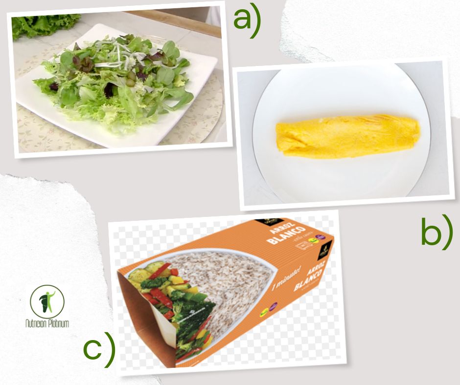 Ensalada de lechugas variadas y pepinillos con tortilla de huevos y arroz blanco en conserva